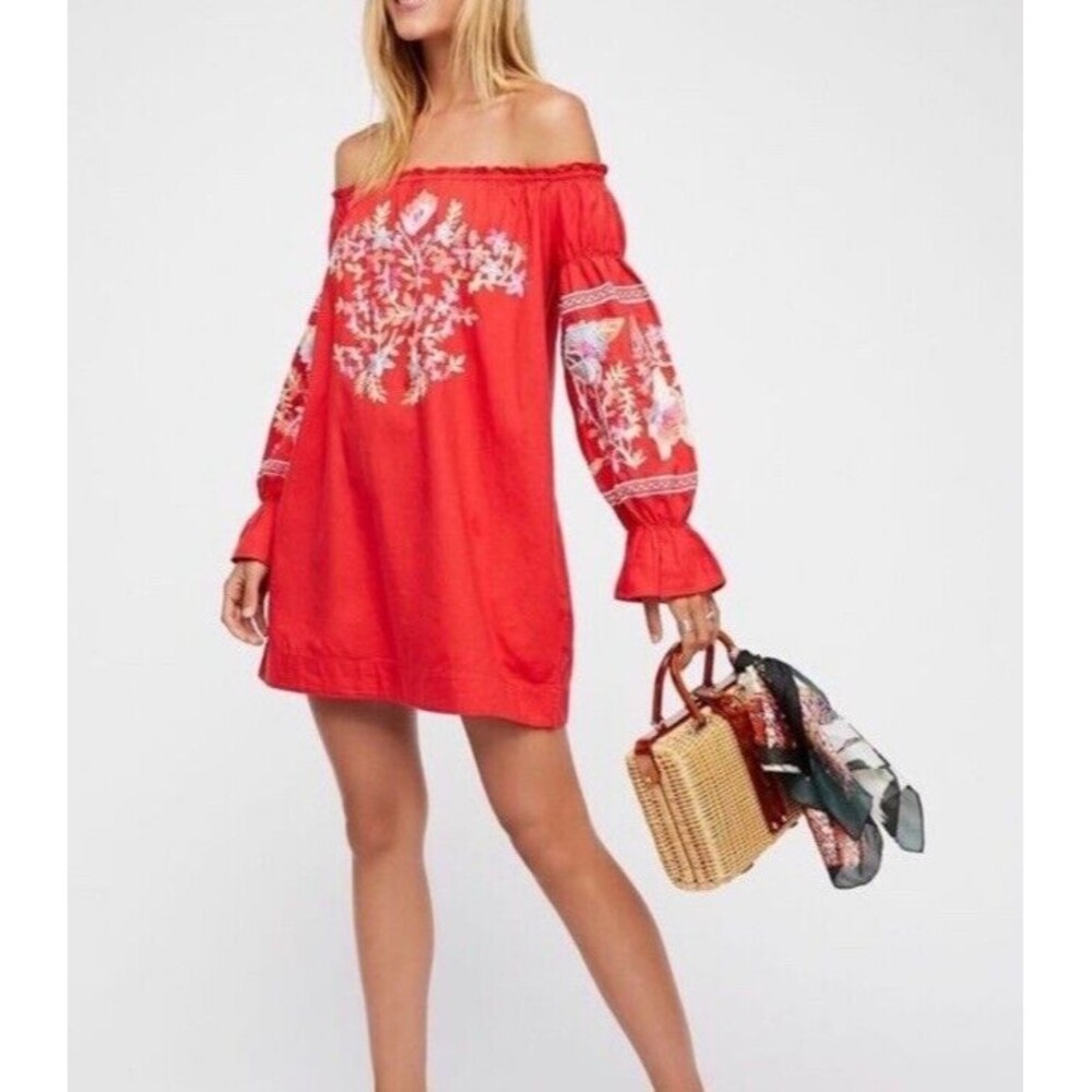 Free People Red Floral Embroidered Off Shoulder Boho Festival Mini Dress …